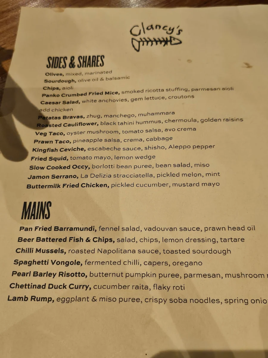 Menu, Clancy's Fish Pub Canning Bridge