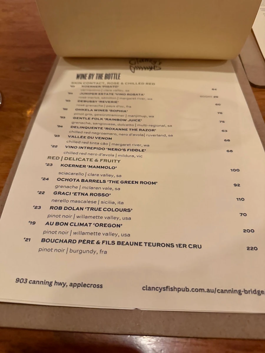 Menu, Clancy's Fish Pub Canning Bridge