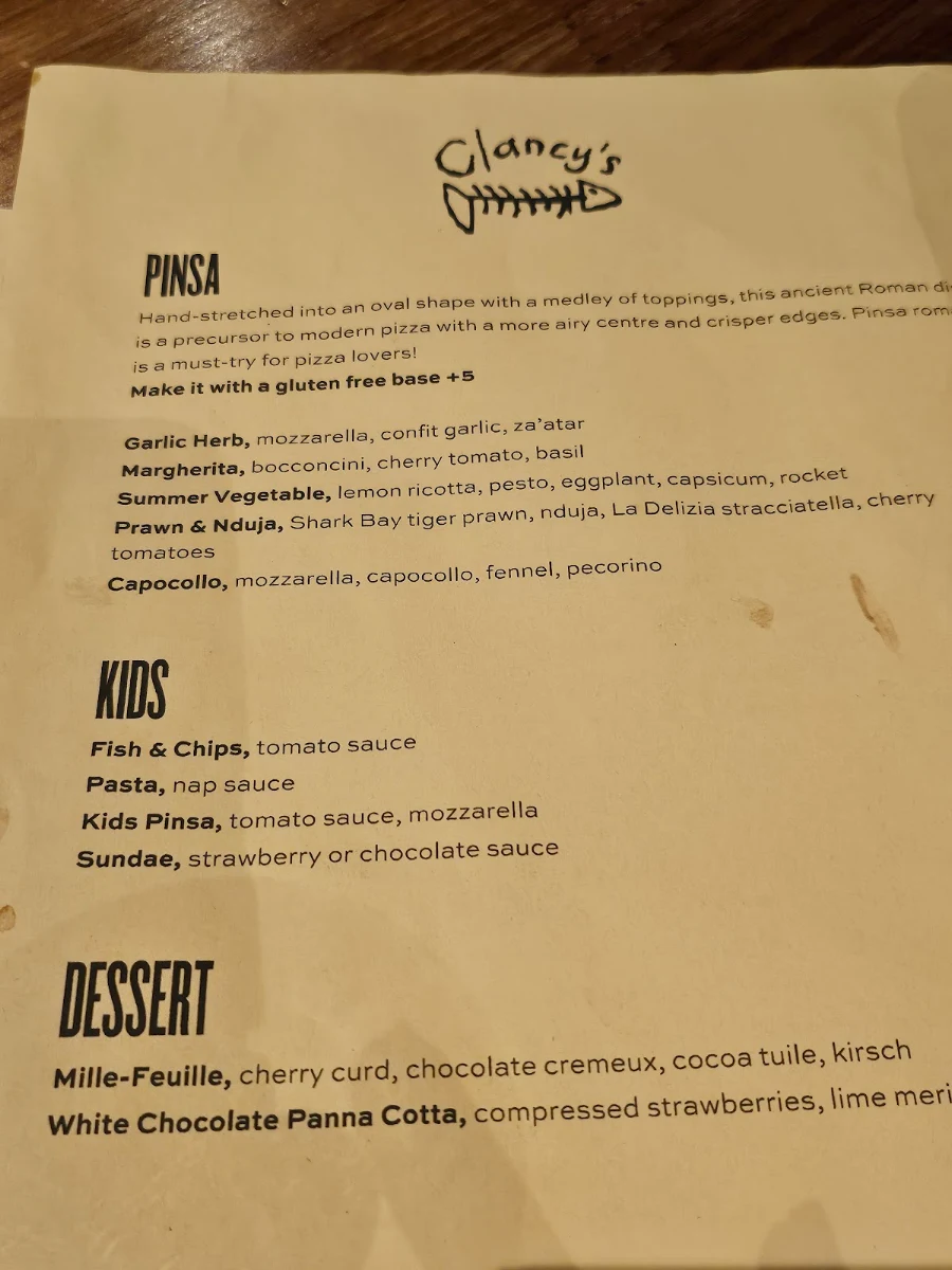 Menu, Clancy's Fish Pub Canning Bridge