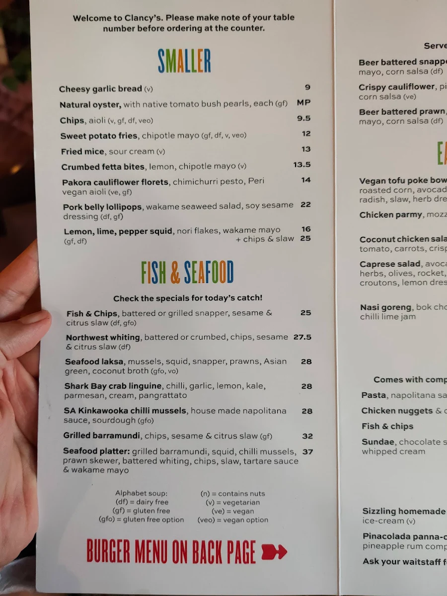Menu, Clancy's Fish Pub Canning Bridge