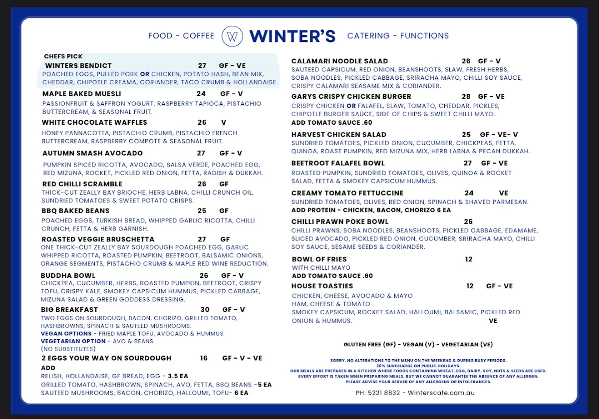 Menu, Winter's Cafe.
