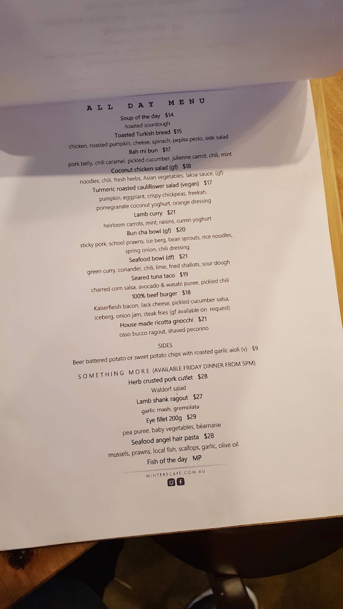 Menu, Winter's Cafe.