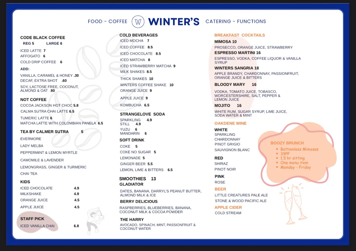 Menu, Winter's Cafe.
