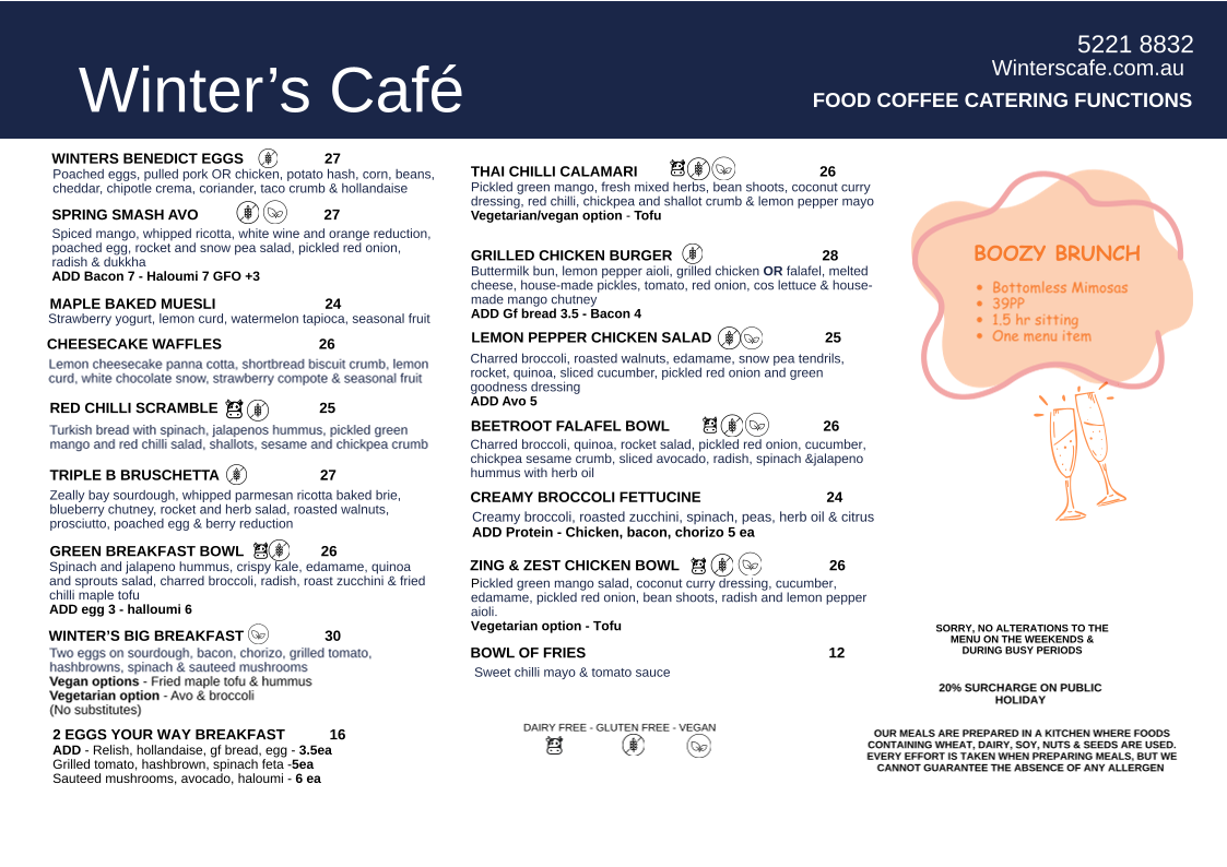 Menu, Winter's Cafe.