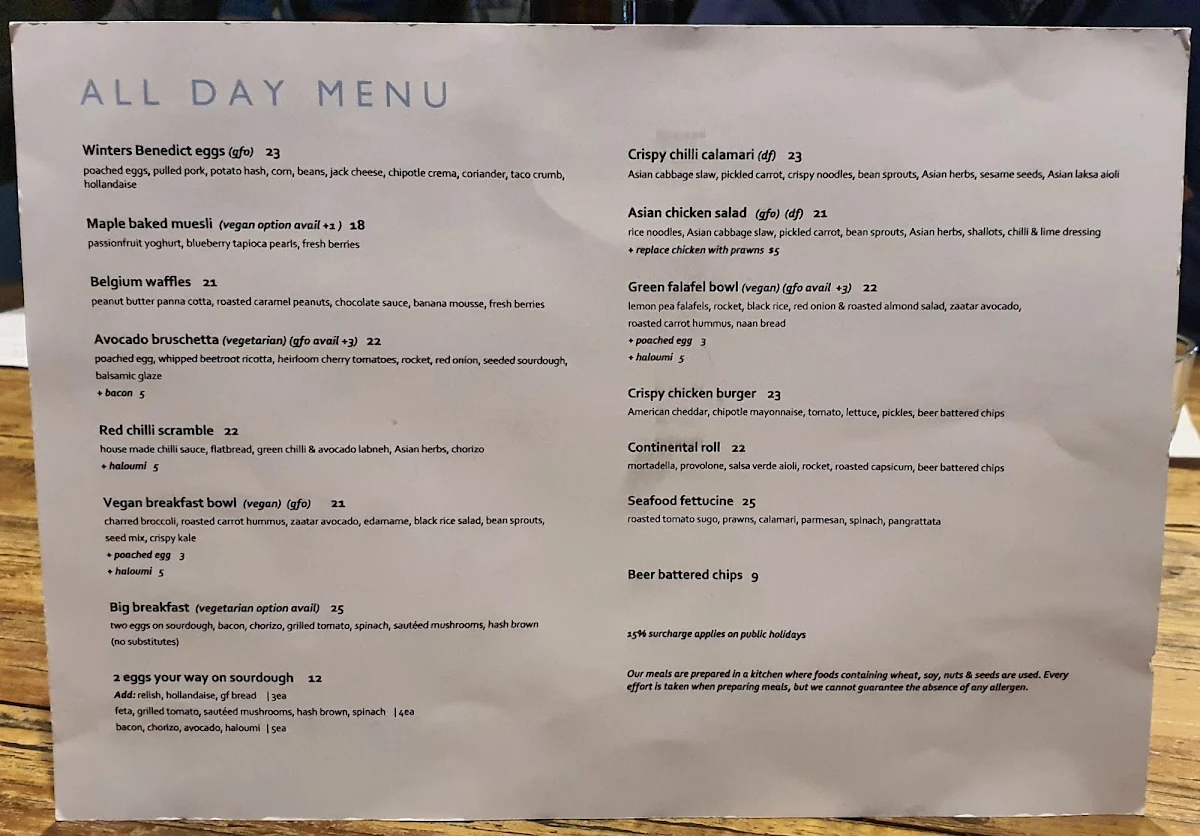 Menu, Winter's Cafe.