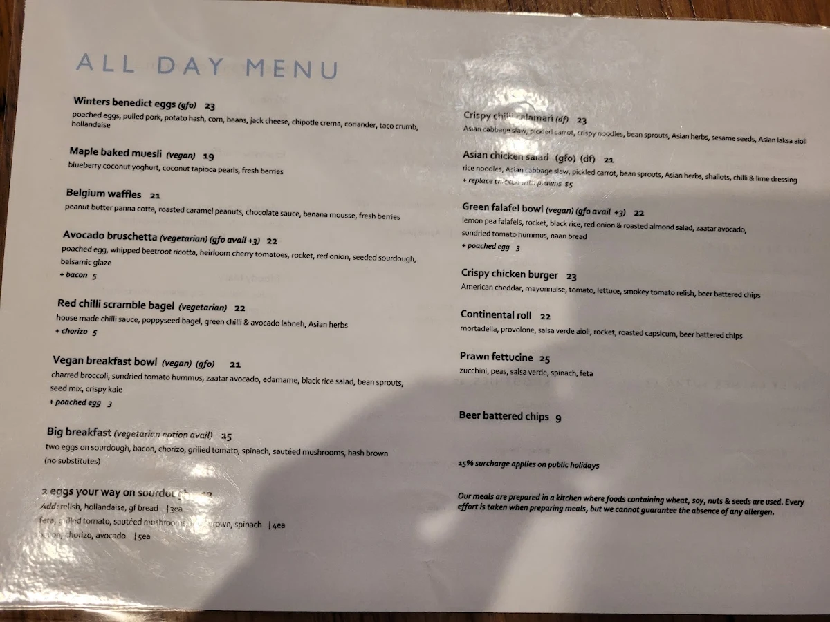 Menu, Winter's Cafe.