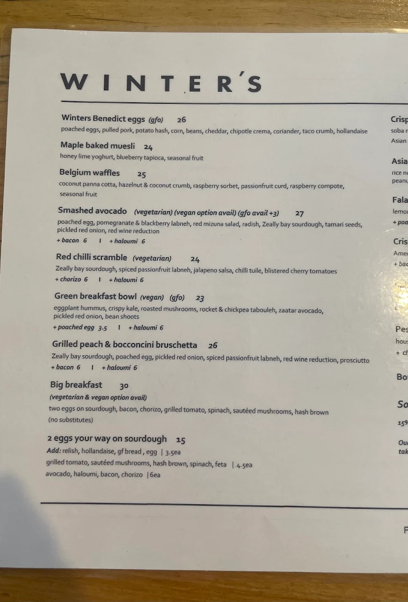 Menu, Winter's Cafe.