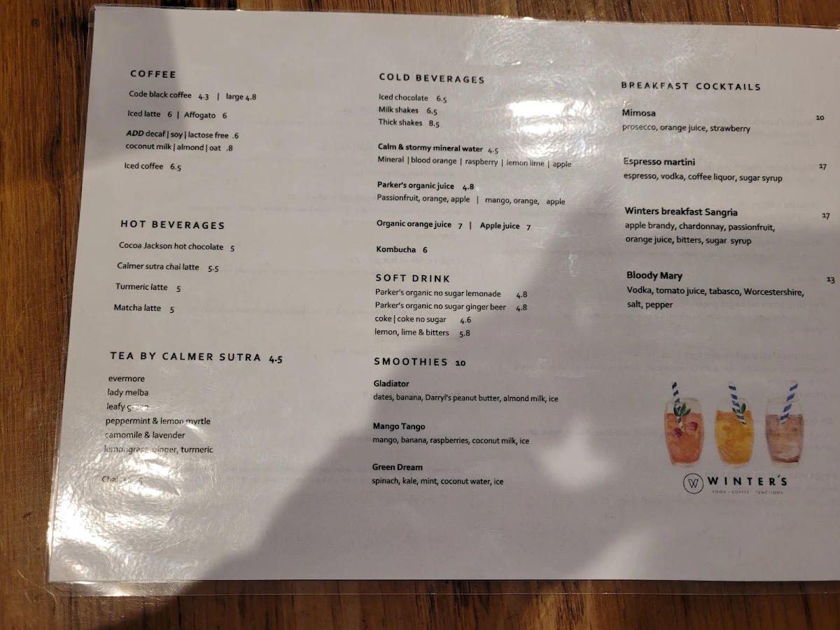 Menu, Winter's Cafe.