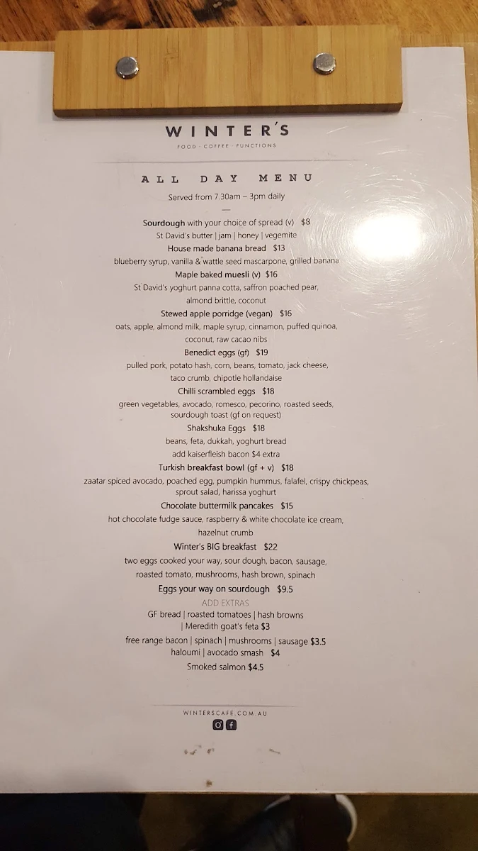 Menu, Winter's Cafe.