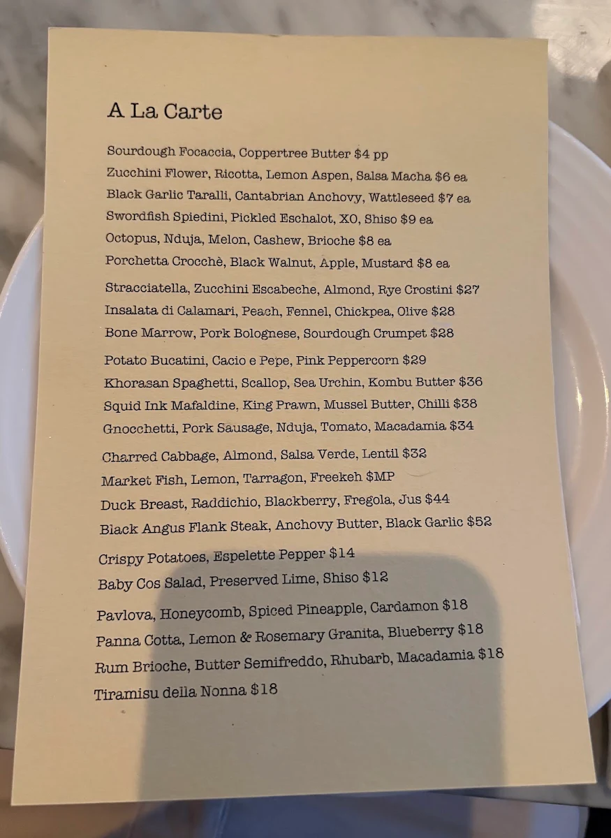 Menu, Osteria di Russo & Russo Enmore