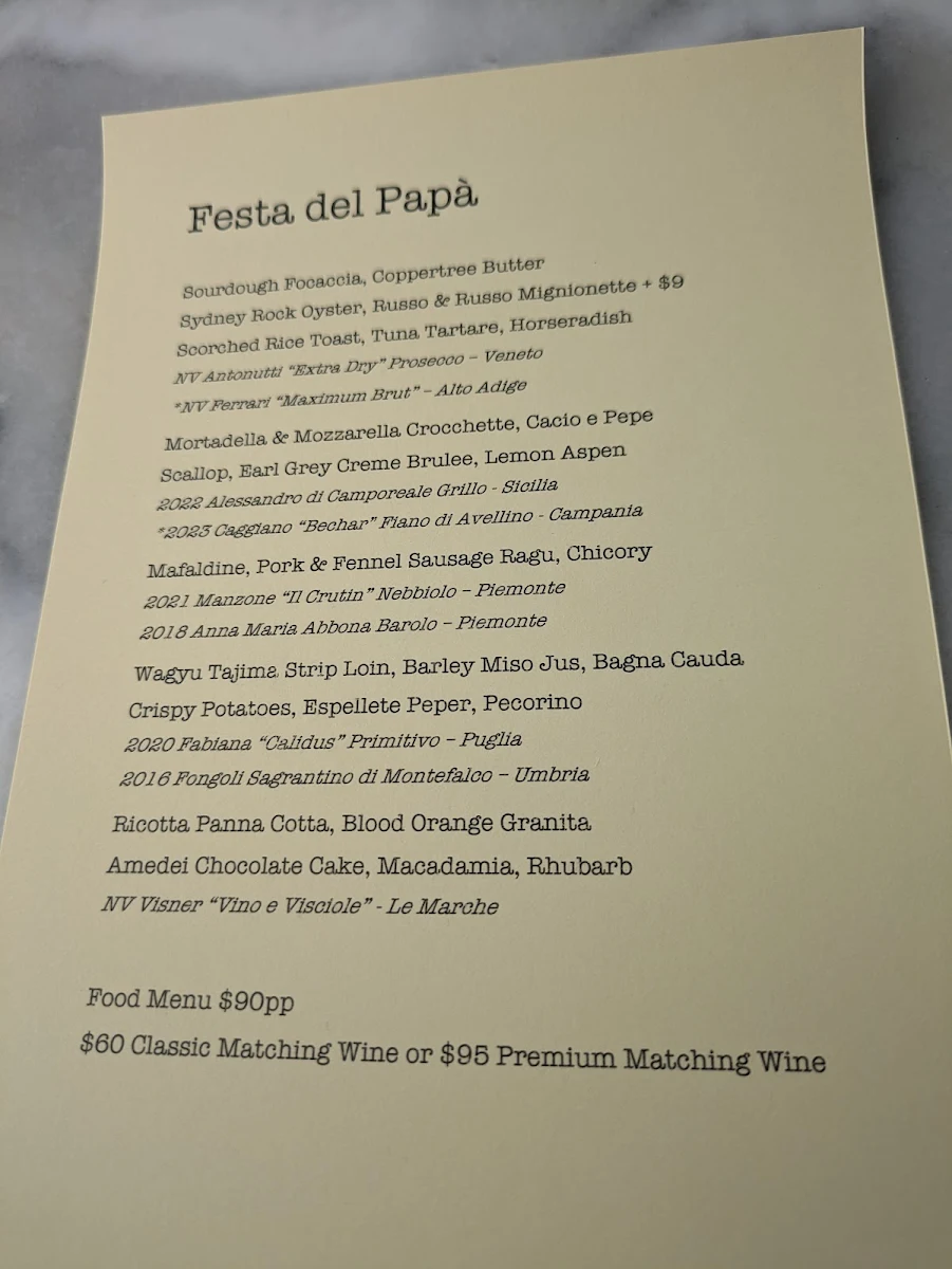 Menu, Osteria di Russo & Russo Enmore