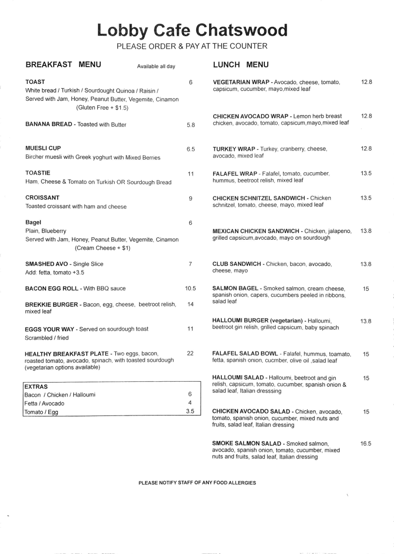 Menu, Lobby Cafe Chatswood