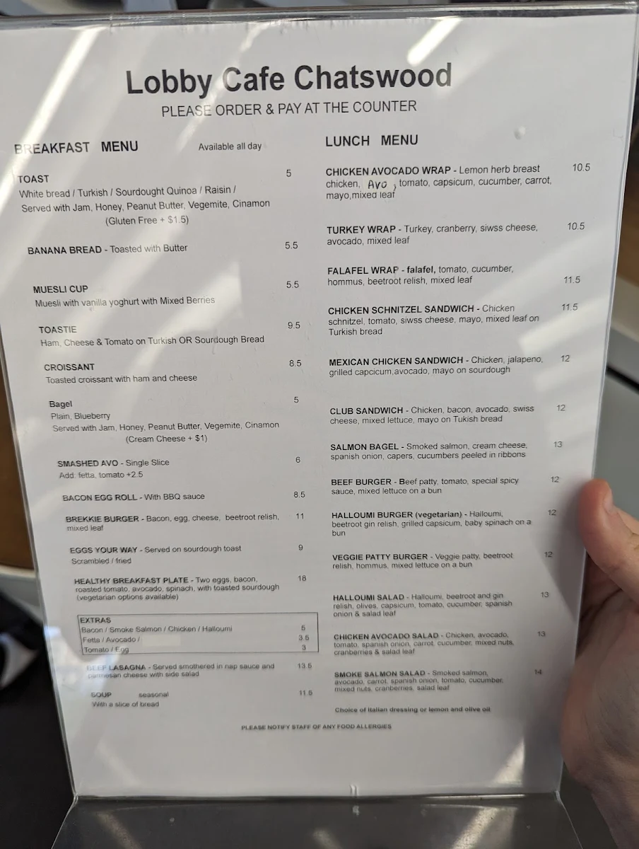 Menu, Lobby Cafe Chatswood
