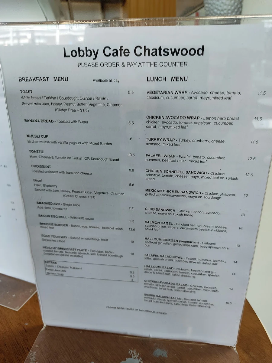 Menu, Lobby Cafe Chatswood