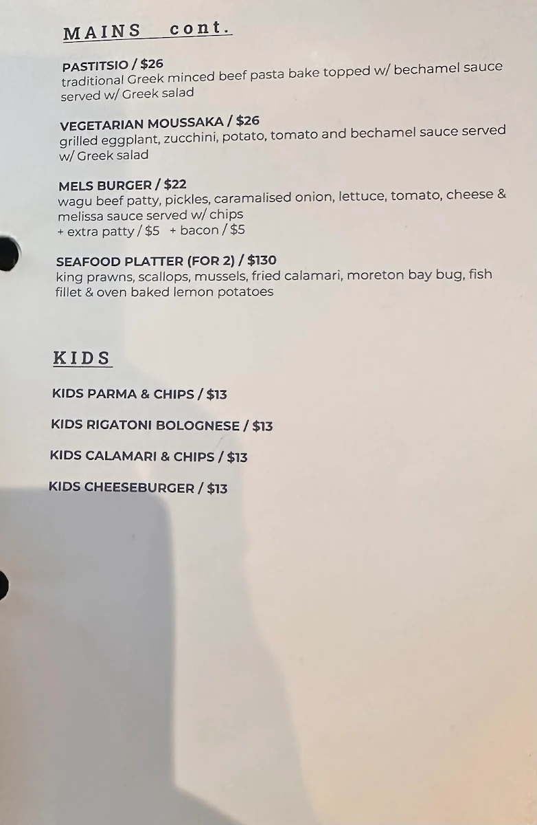 Menu, Melissa Cakes Cafe Bar.