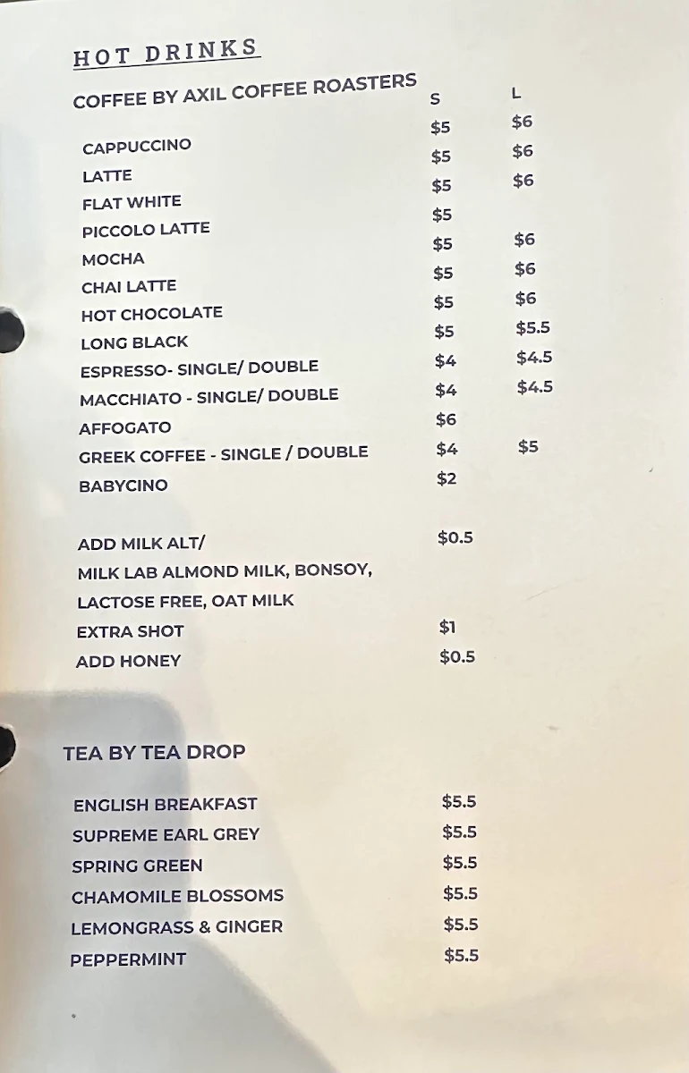 Menu, Melissa Cakes Cafe Bar.