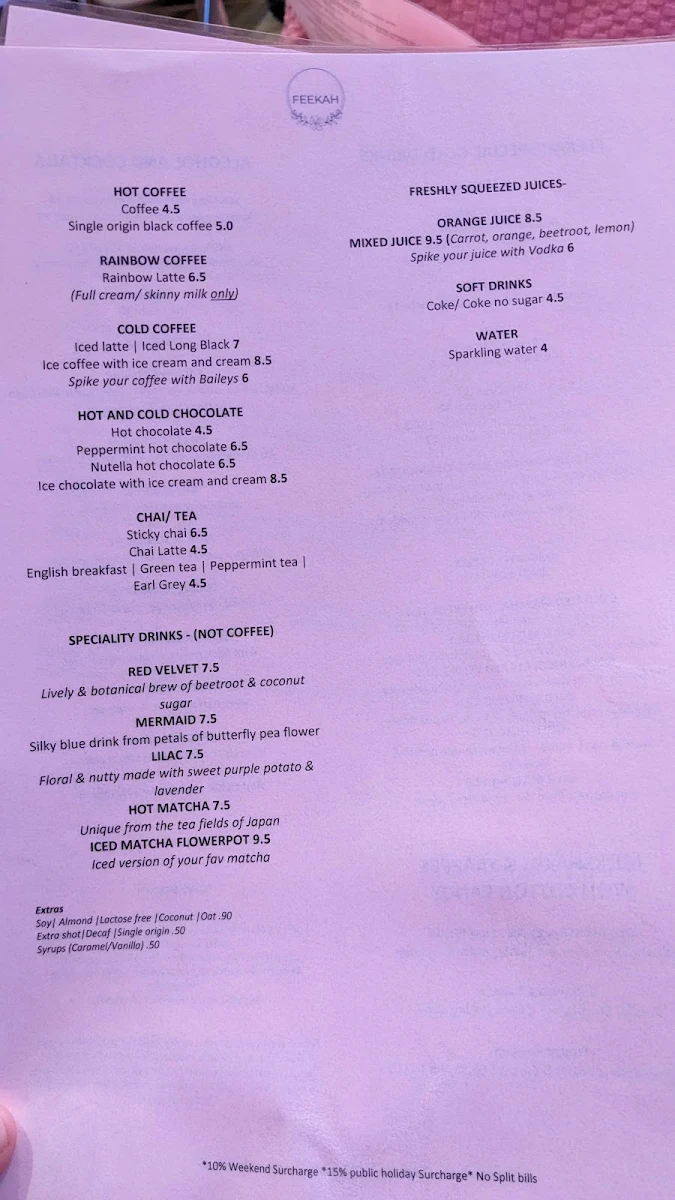 Menu, Feekah Cafe | Moonee Ponds