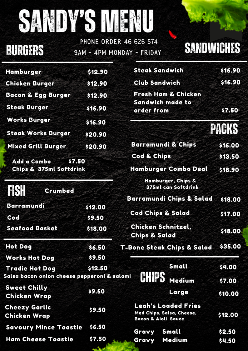 Menu, Sandy's Cafe