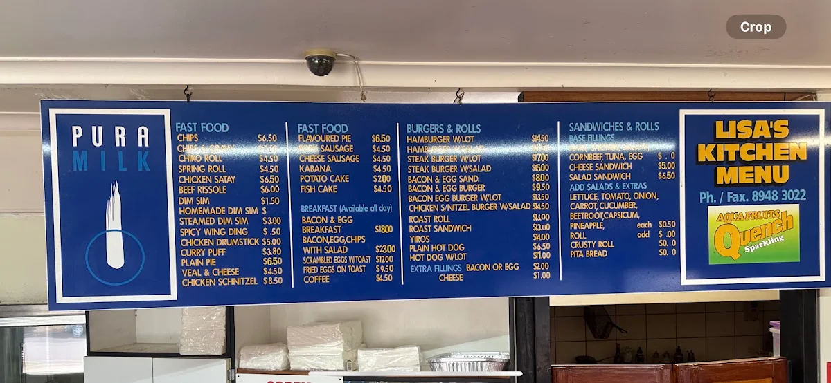 Menu, Lisa Kitchen Takeaway