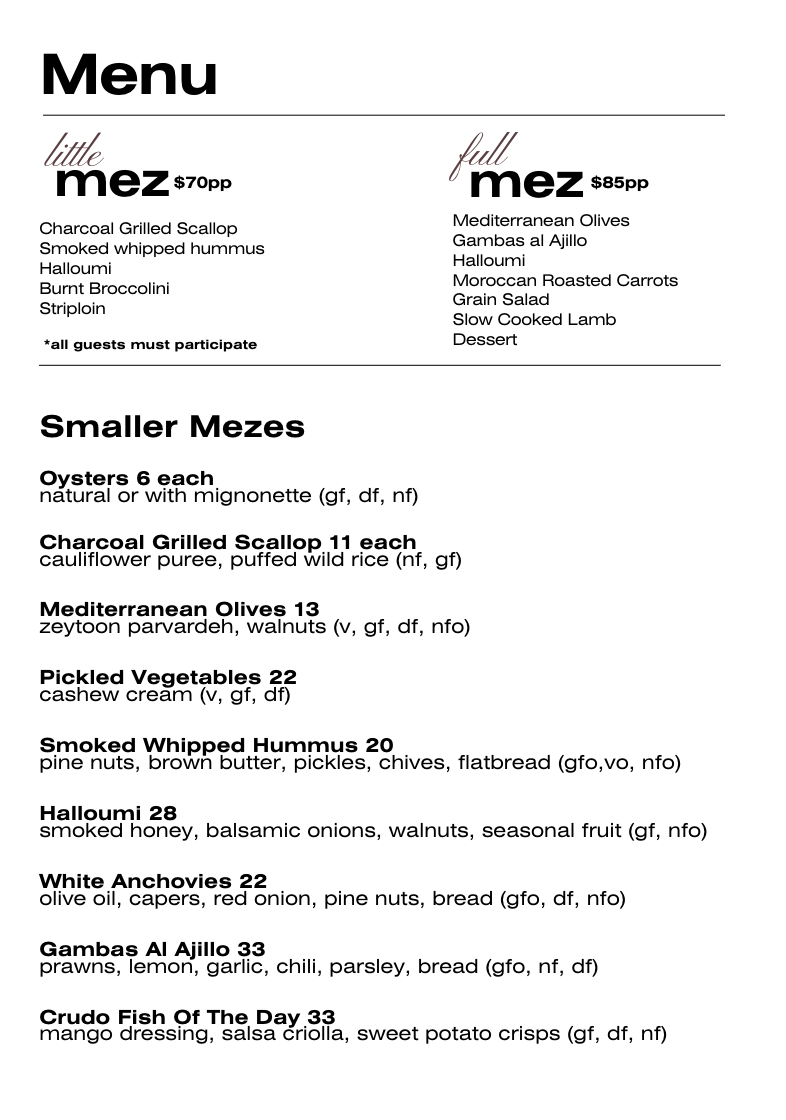 Menu, The Mez Club
