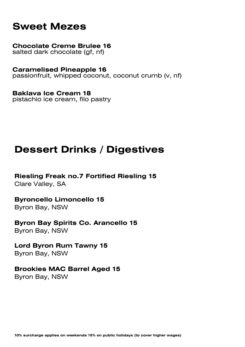 Menu, The Mez Club