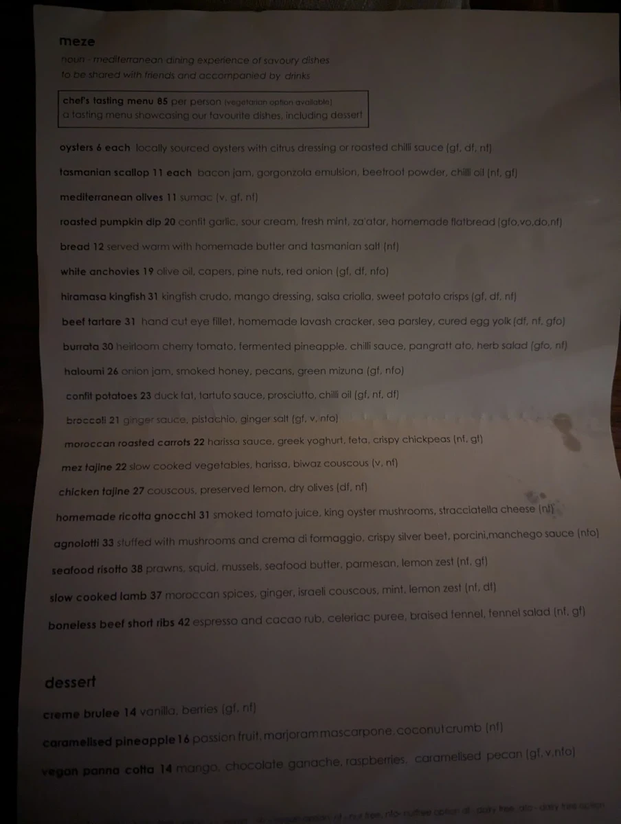 Menu, The Mez Club