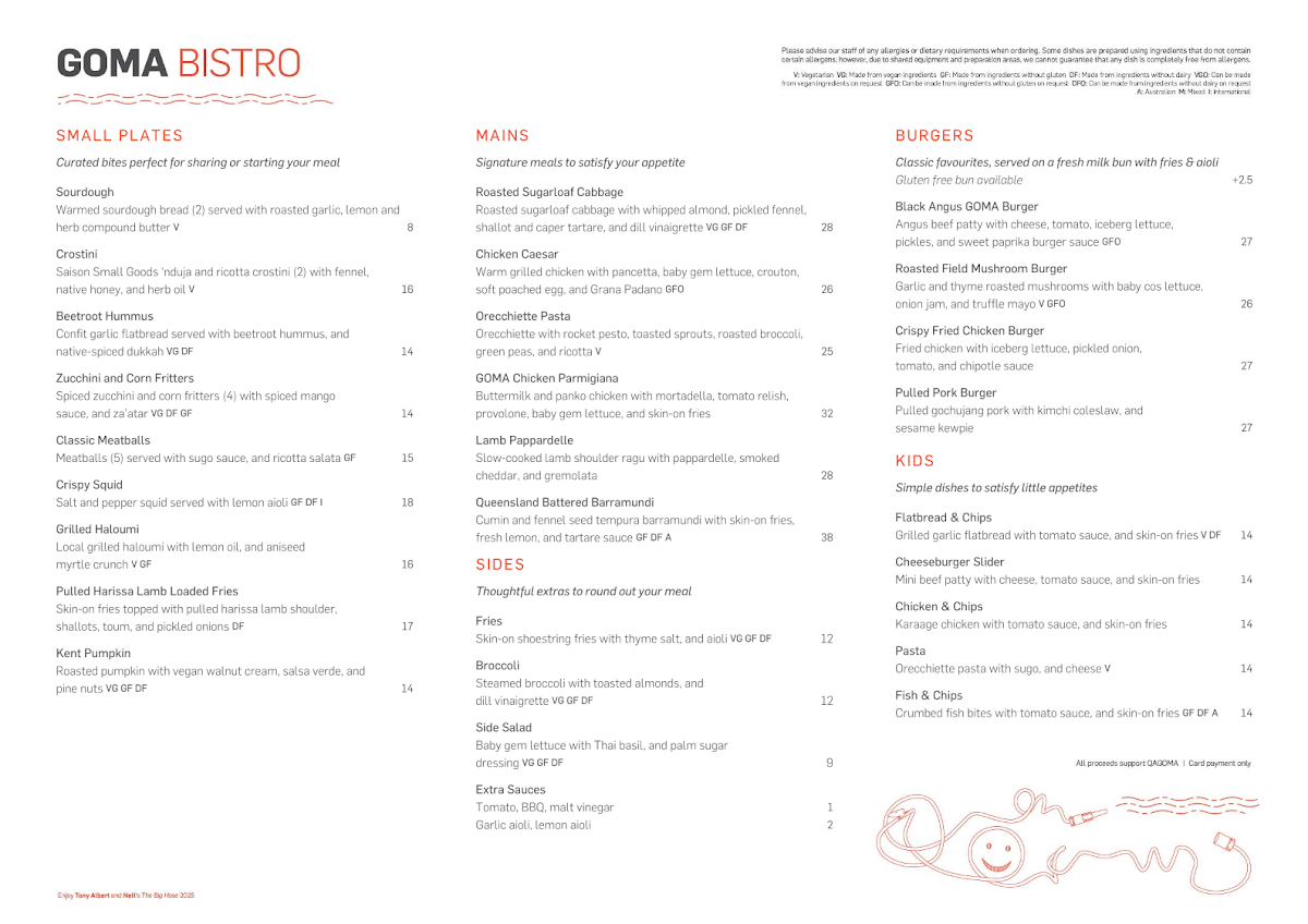 Menu, GOMA Bistro