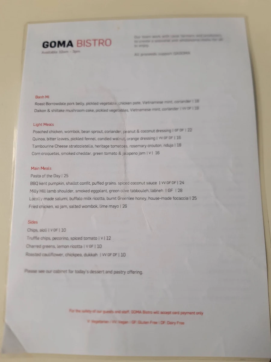 Menu, GOMA Bistro