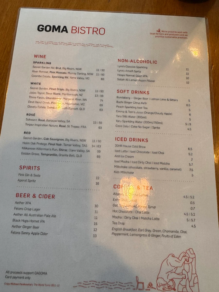 Menu, GOMA Bistro