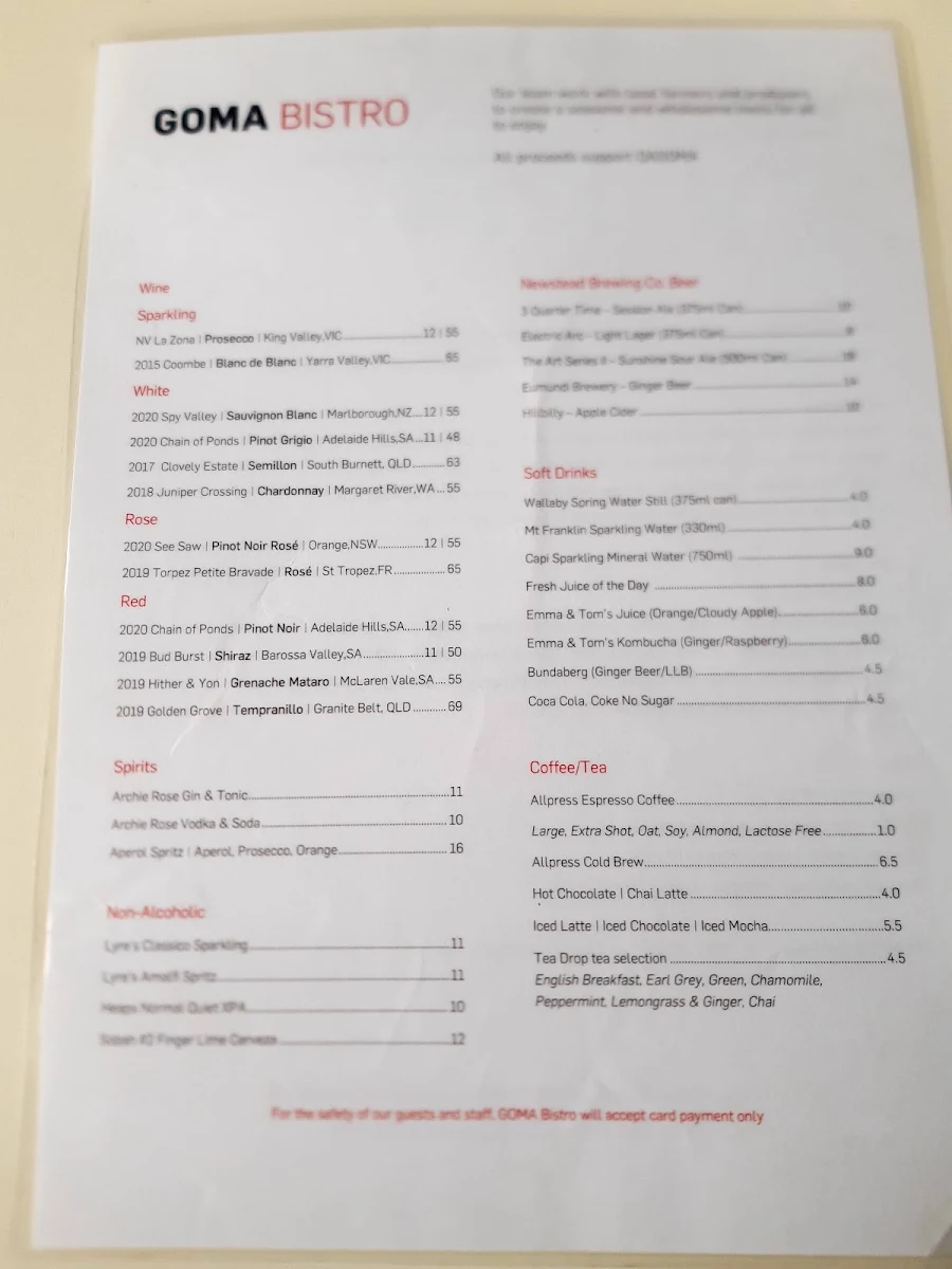 Menu, GOMA Bistro
