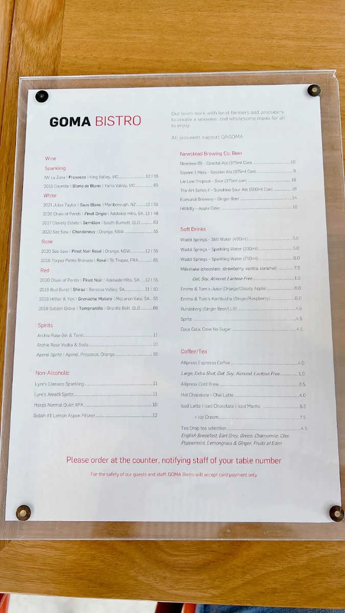Menu, GOMA Bistro
