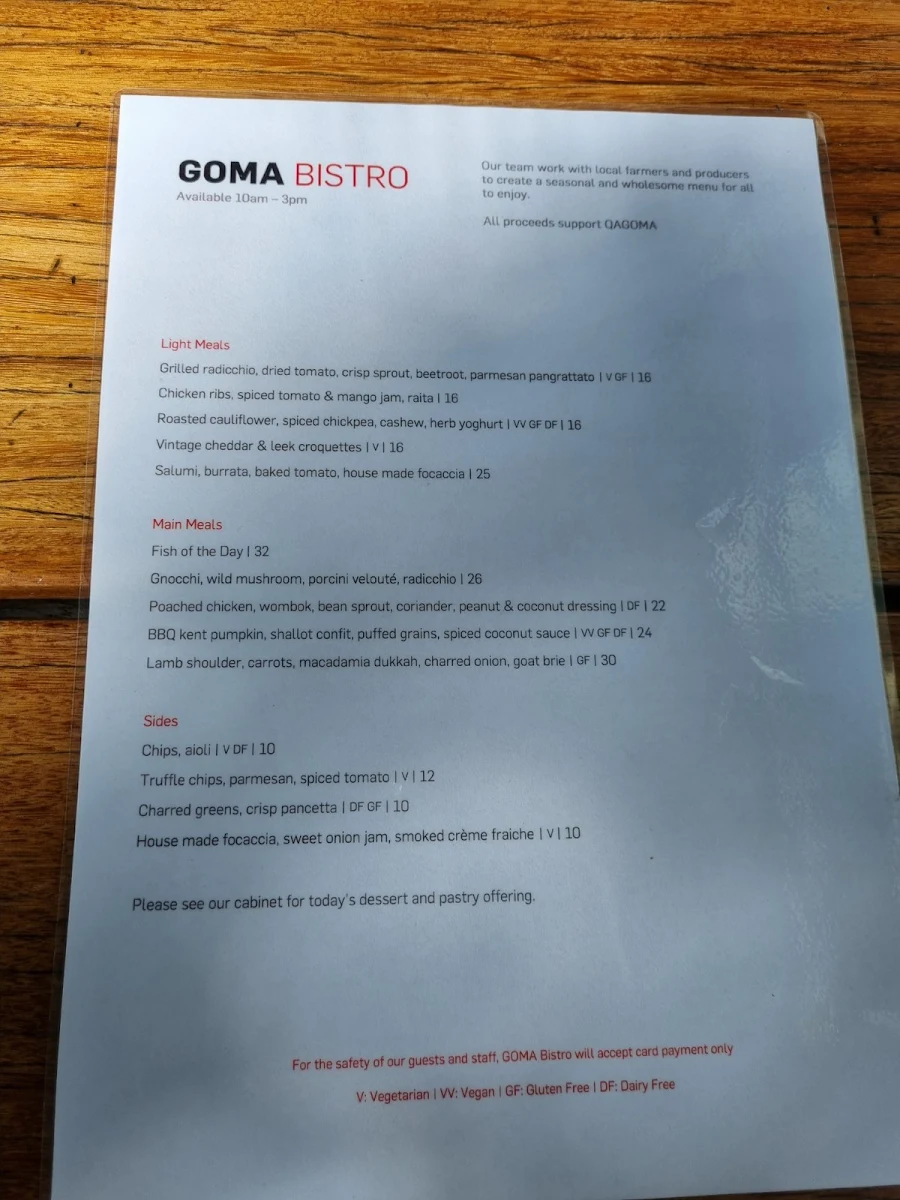 Menu, GOMA Bistro