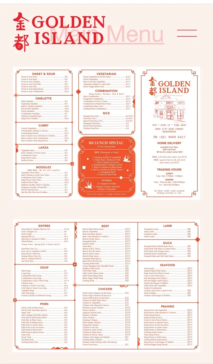 Menu, Golden Island Chinese Take Away