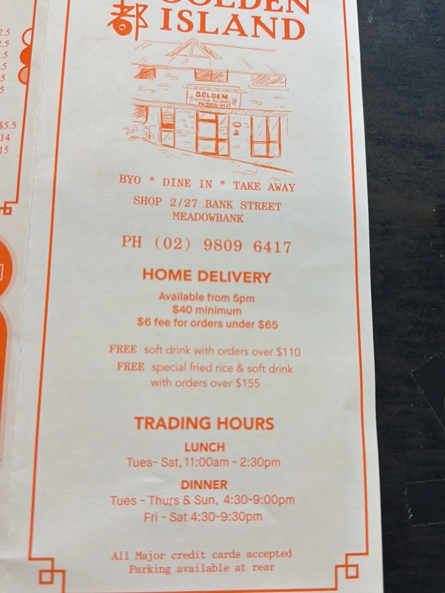 Menu, Golden Island Chinese Take Away
