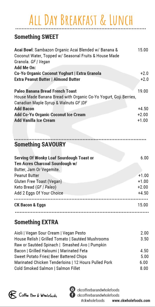 Menu, CK Coffee Bar & Wholefoods