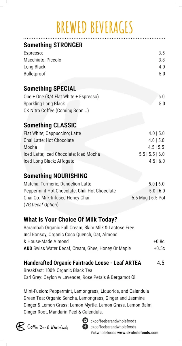 Menu, CK Coffee Bar & Wholefoods