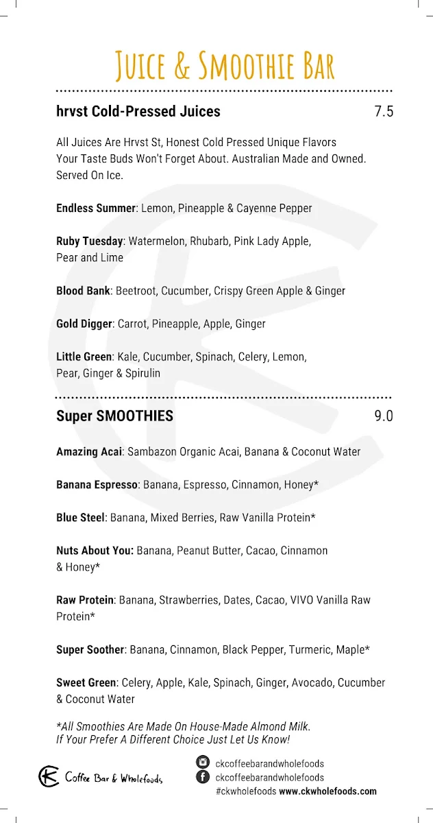 Menu, CK Coffee Bar & Wholefoods