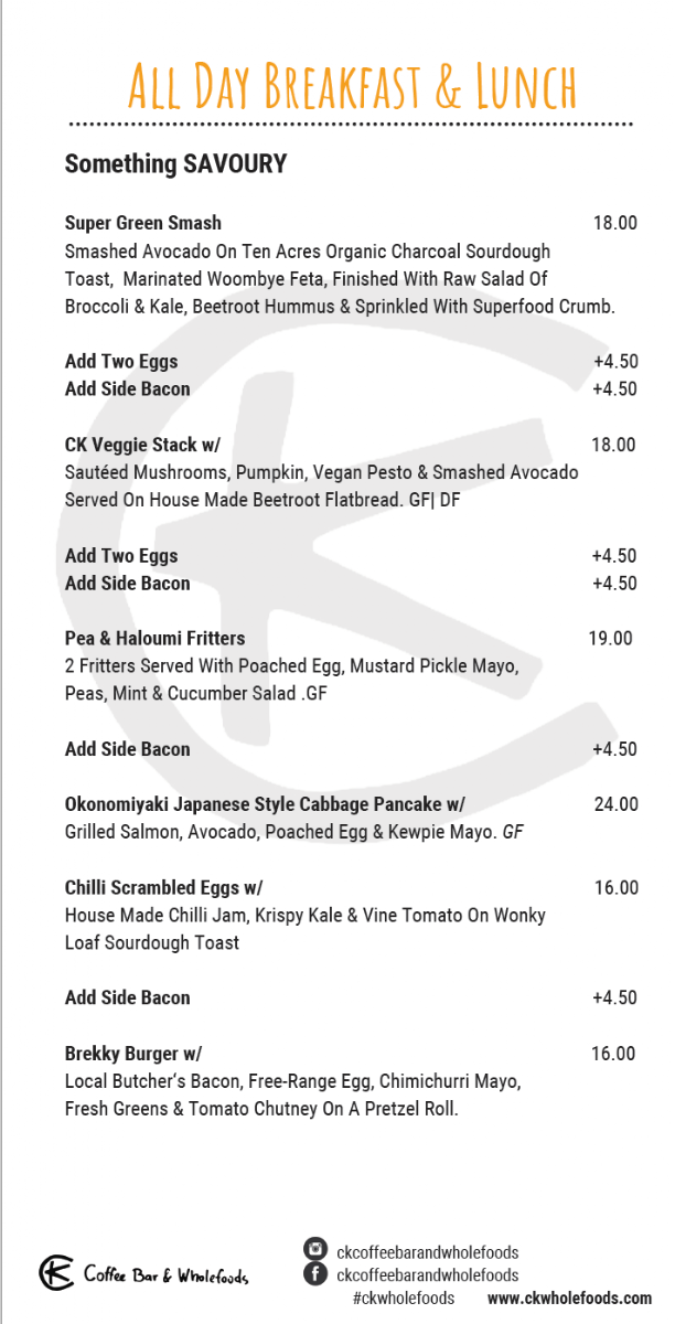 Menu, CK Coffee Bar & Wholefoods