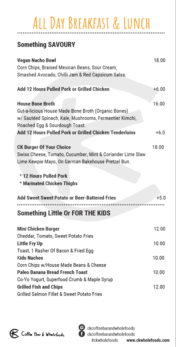Menu, CK Coffee Bar & Wholefoods