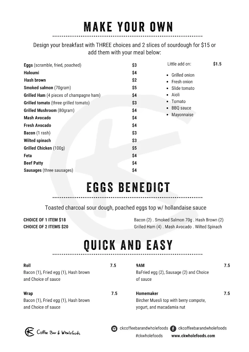 Menu, CK Coffee Bar & Wholefoods