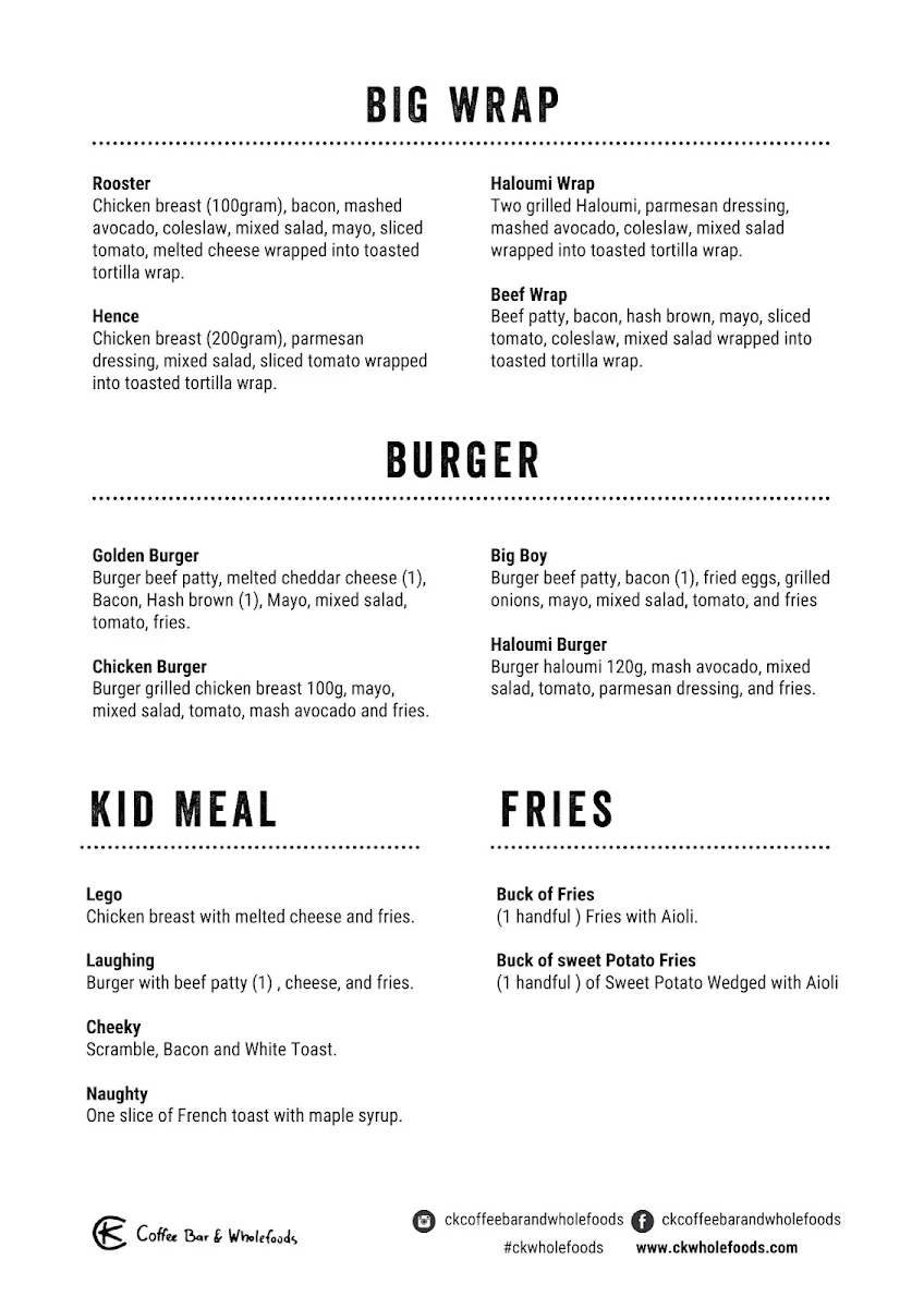 Menu, CK Coffee Bar & Wholefoods