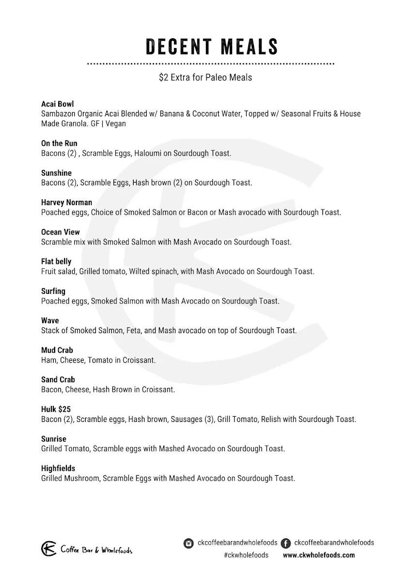 Menu, CK Coffee Bar & Wholefoods