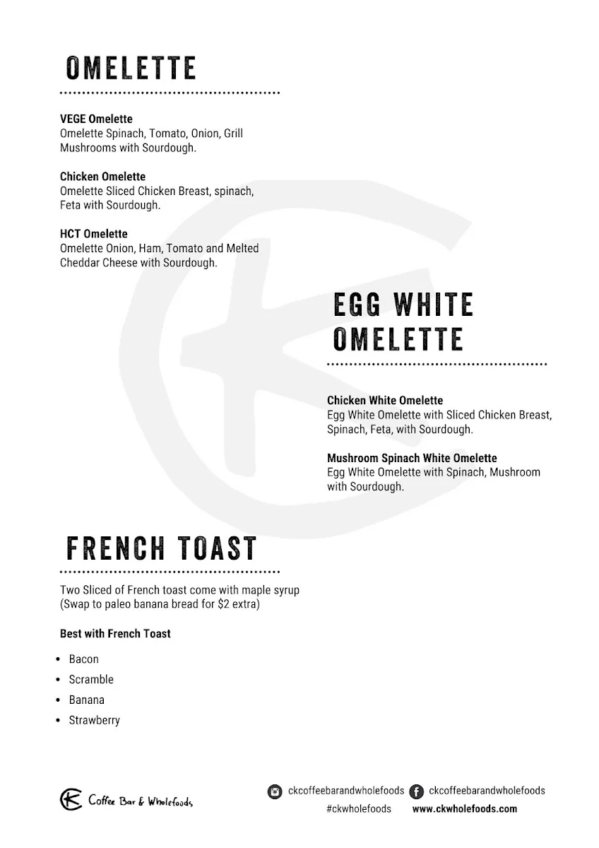 Menu, CK Coffee Bar & Wholefoods