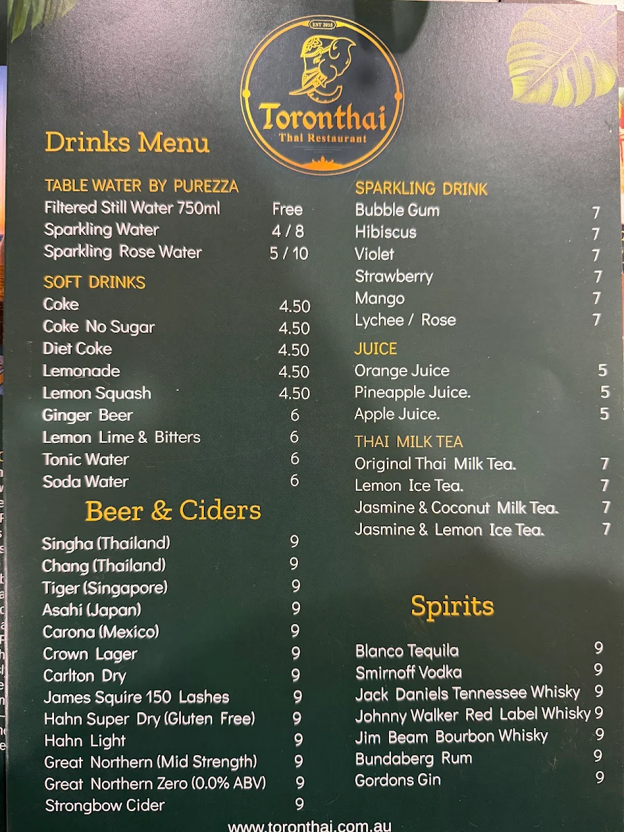 Menu, Toronthai Toronto