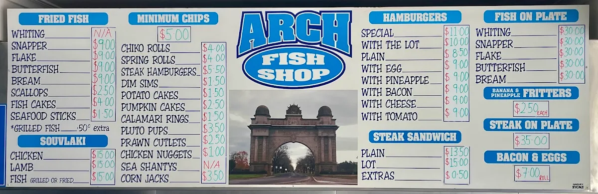 Menu, Arch Fish Shop
