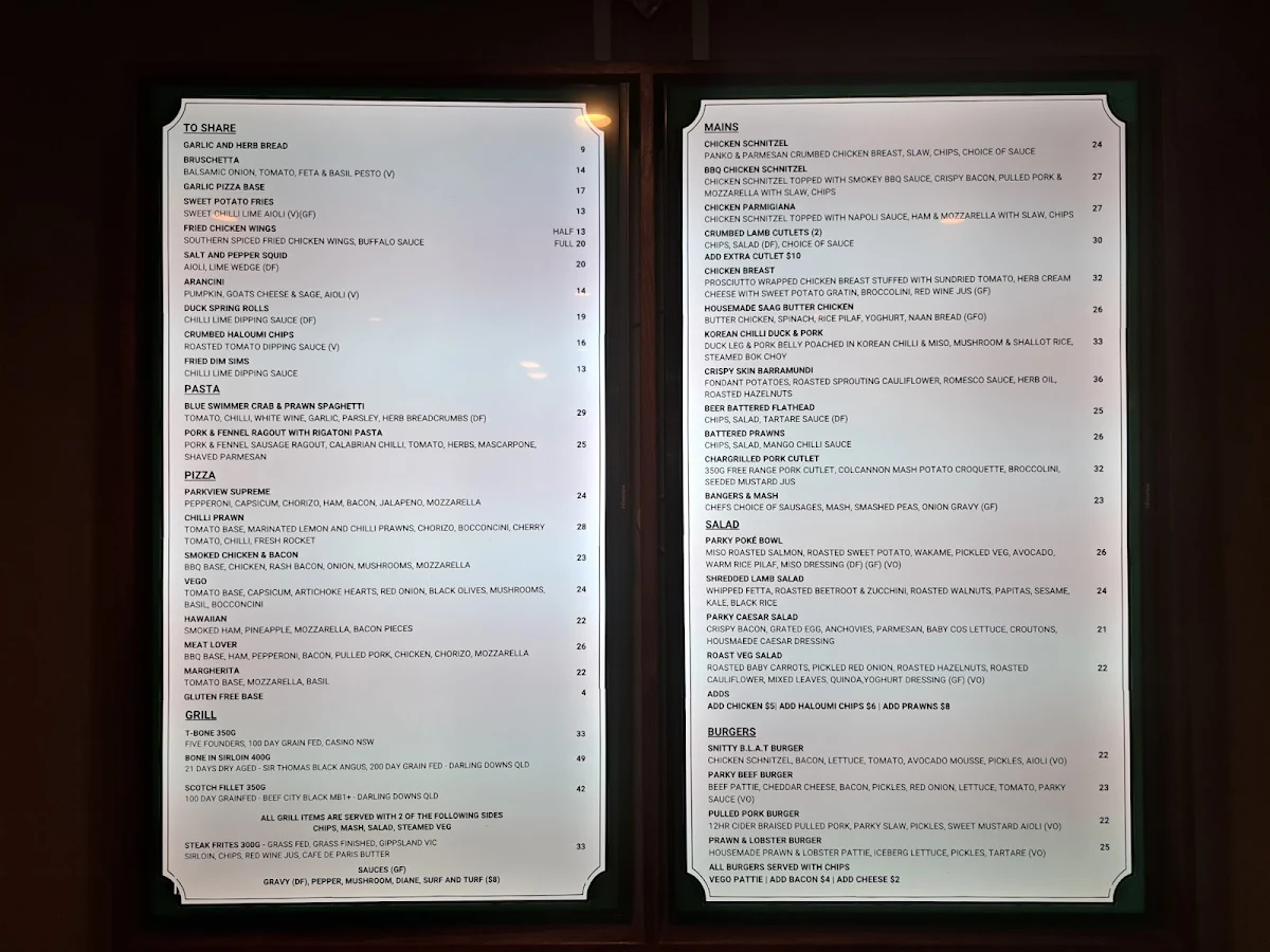 Menu, Parkview Hotel