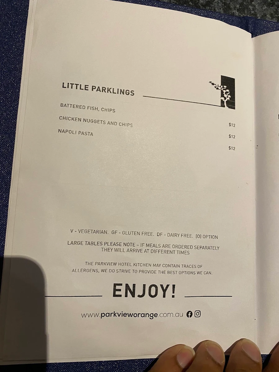 Menu, Parkview Hotel