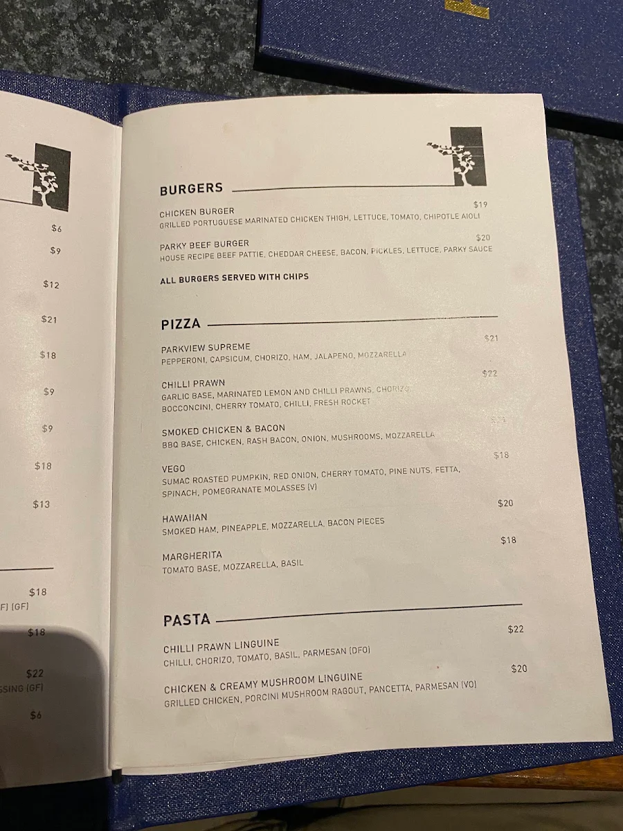 Menu, Parkview Hotel