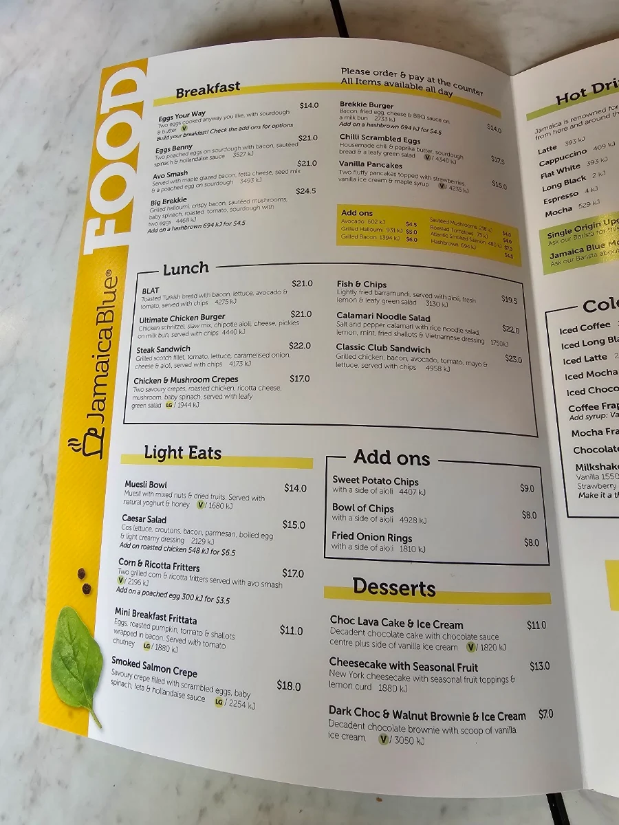 Menu, Jamaica Blue Morley Galleria