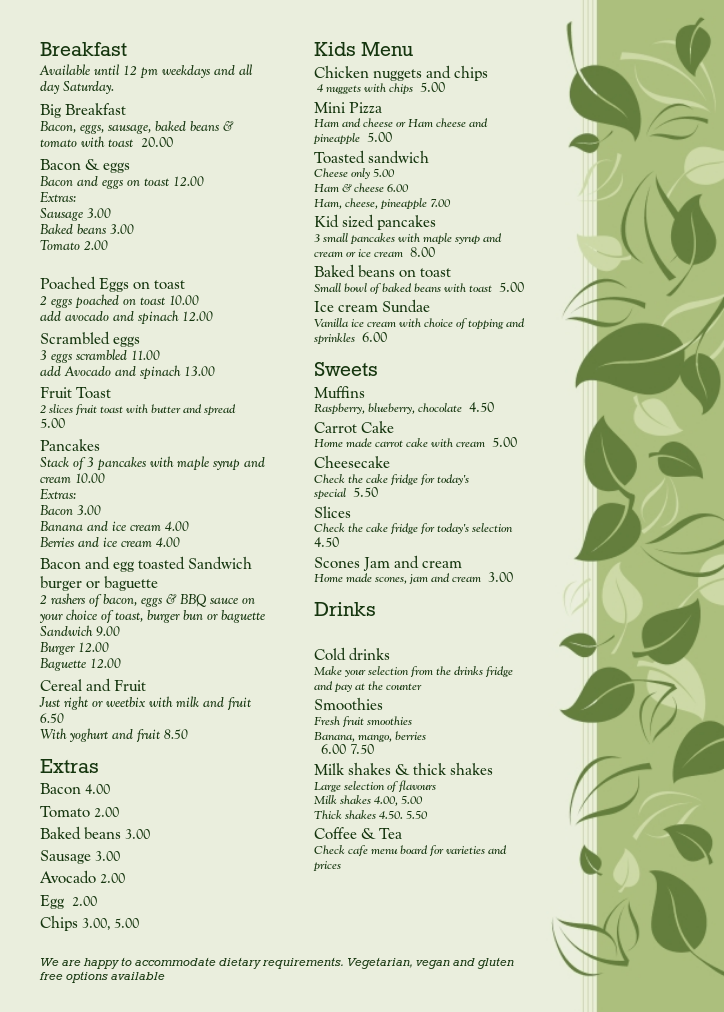 Menu, The Mallee Tree Cafe